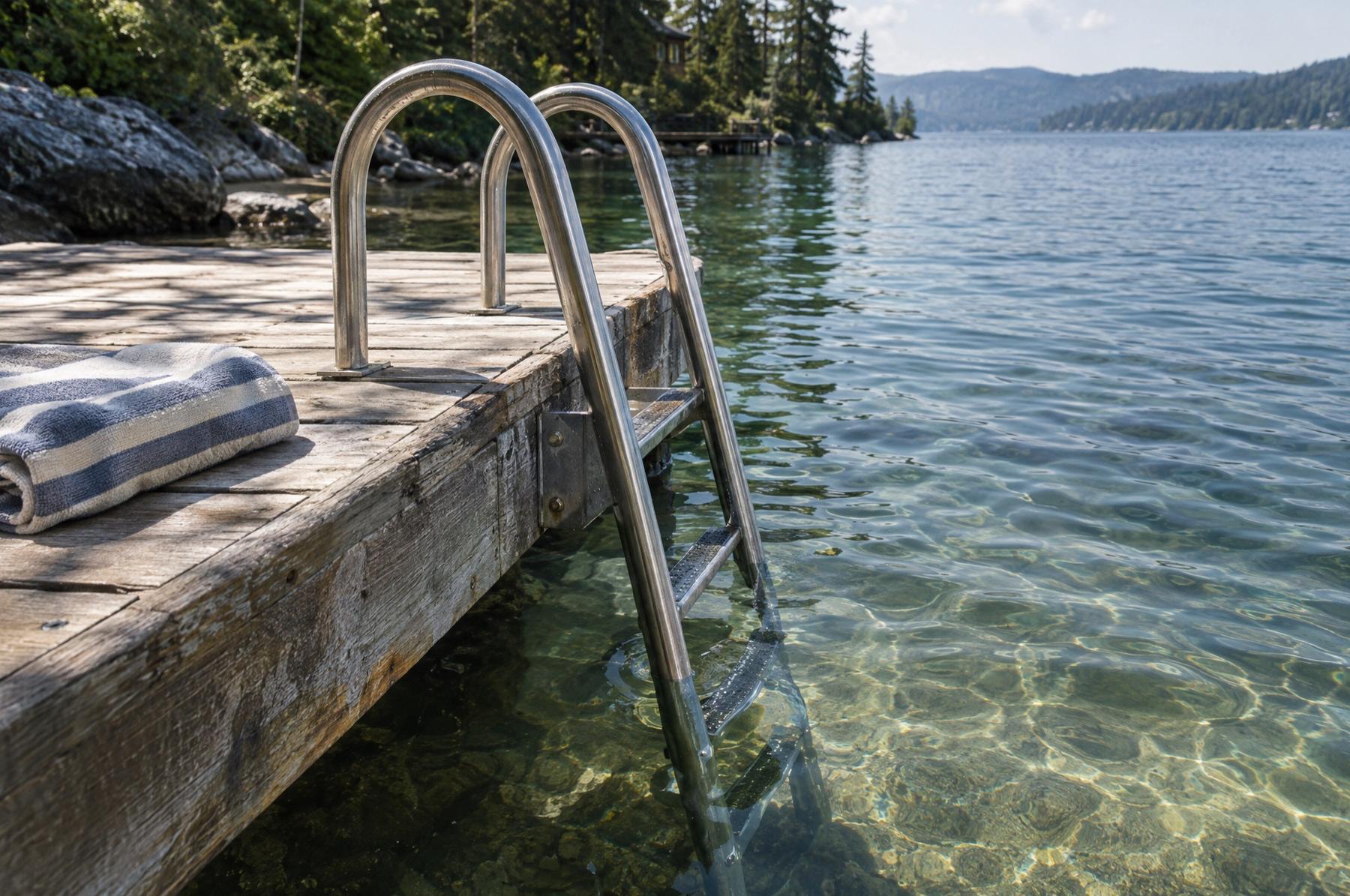 Stainless swim ladder on a weathered wooden dock descending into clear, green-tinted lake water over a rocky bottom, with a folded striped towel on the boards