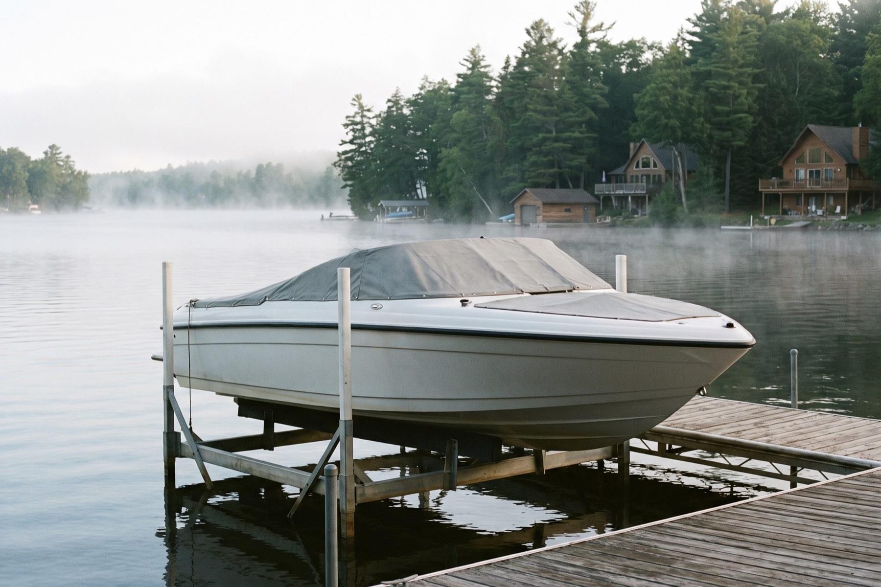 White bowrider under a canvas cover, raised on a lift beside a private wooden dock on a calm, misty lake in early morning