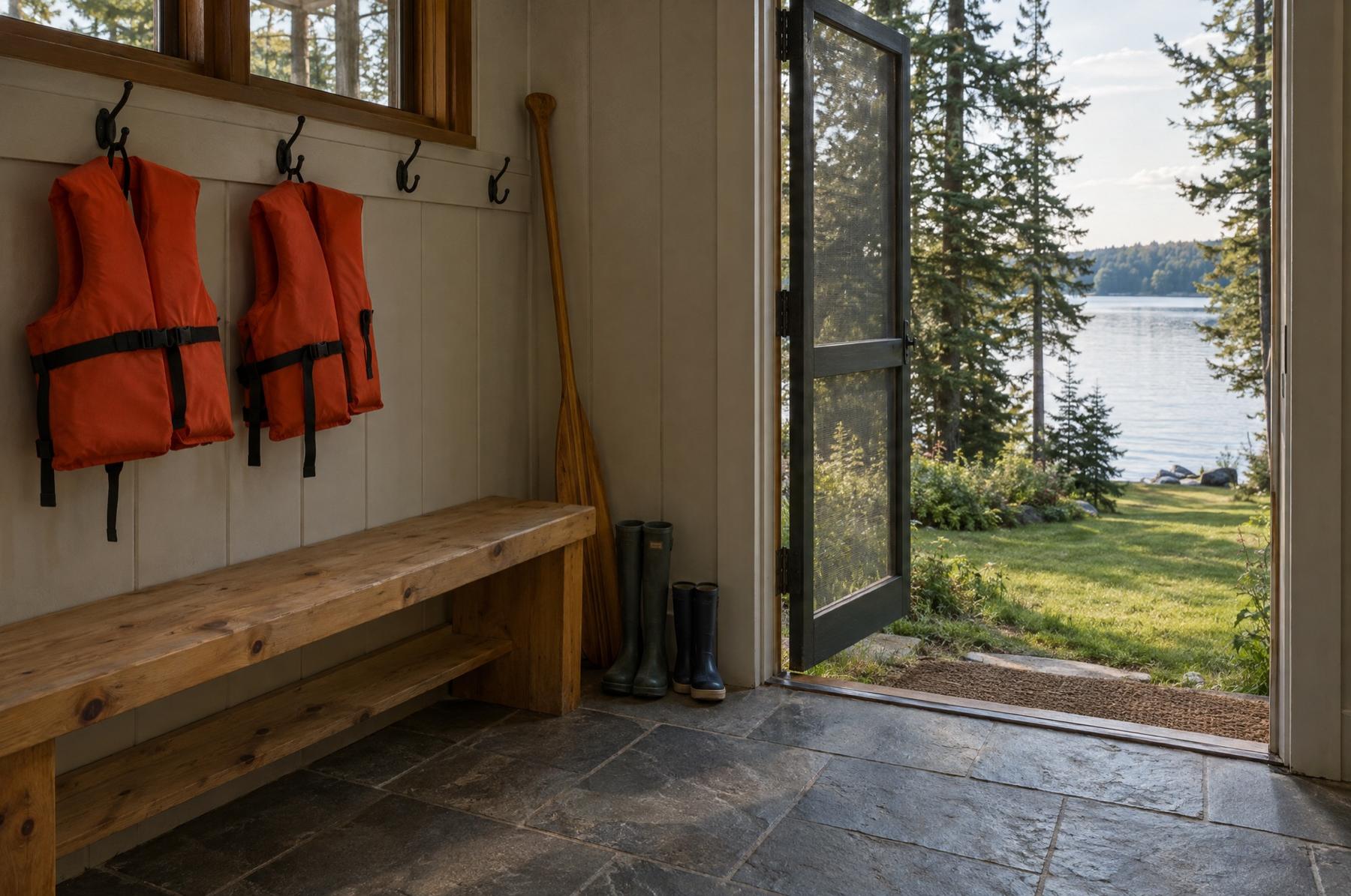 Lake house mudroom with a pine bench, two orange life vests on iron hooks, a canoe paddle and rubber boots, the screen door open to a lawn running down to a calm lake