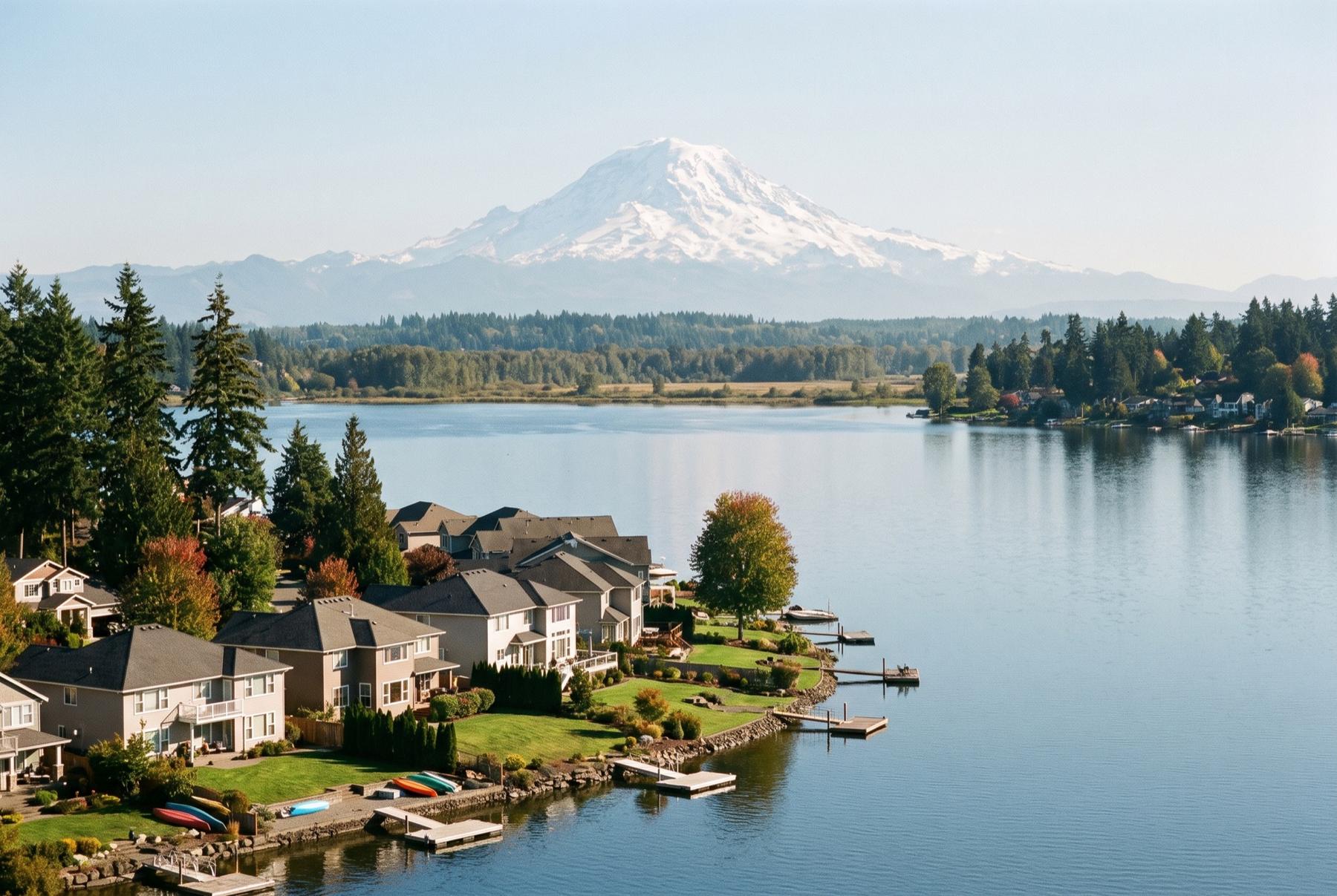 Snow-covered Mount Rainier rising beyond a flat forested plateau, with waterfront homes, lawns and private docks along the near shore of a calm lake