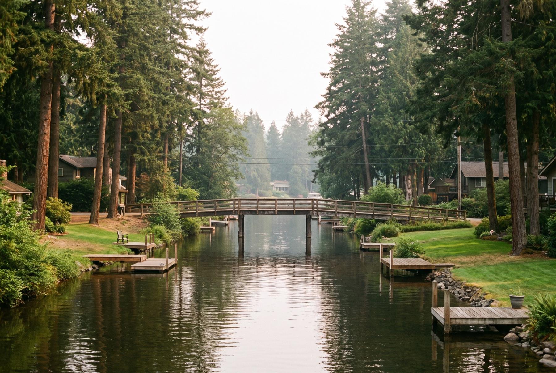 Narrow water channel between two wooded island neighborhoods, crossed by a low wooden footbridge, with small private docks and lawns along both banks