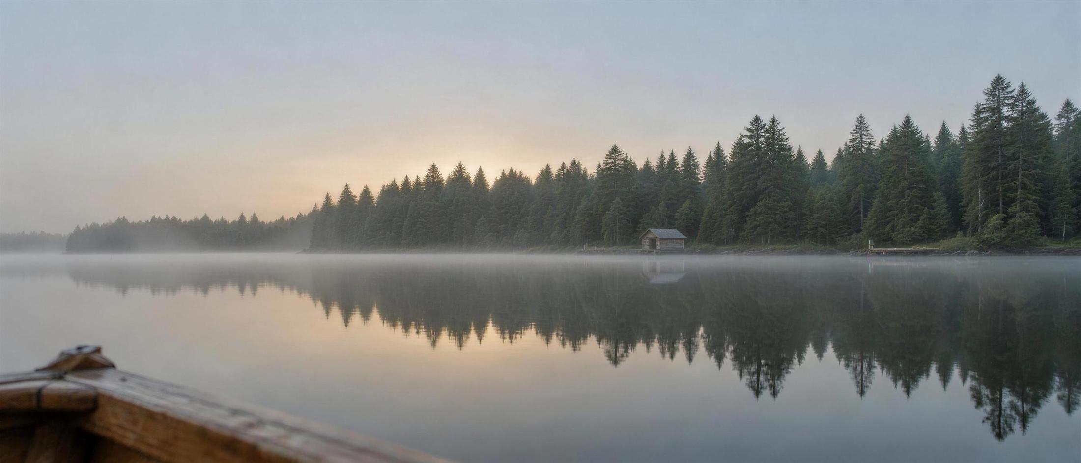 Looking over the wooden bow of a small boat at water level across a still lake at dawn, with mist on the water, a long line of firs on the far shore, a small boathouse and two low docks, and the trees reflected in the glassy surface