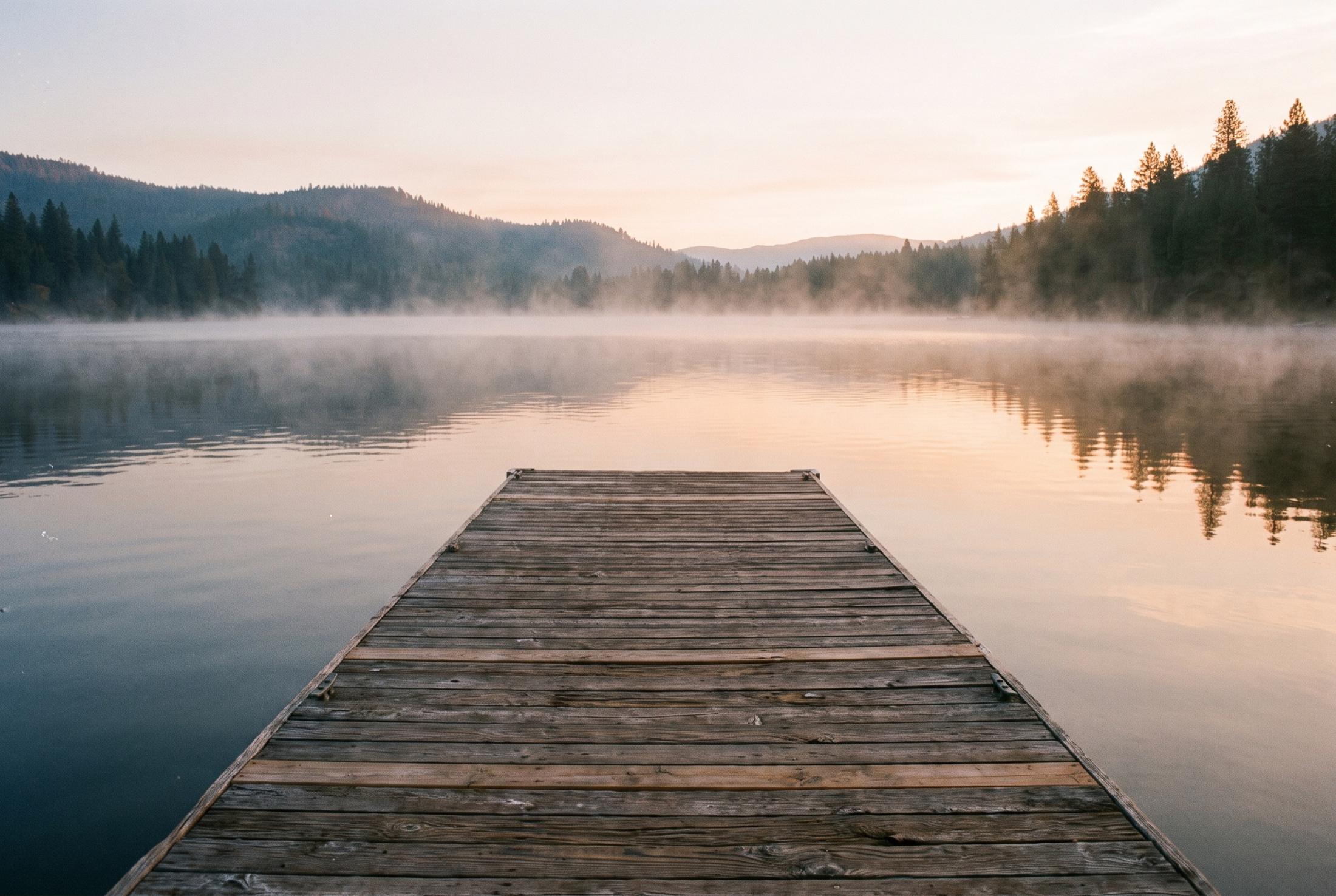 Weathered wooden dock running straight out into a still lake at dawn, with low mist on the water and fir-covered hills in soft pink light