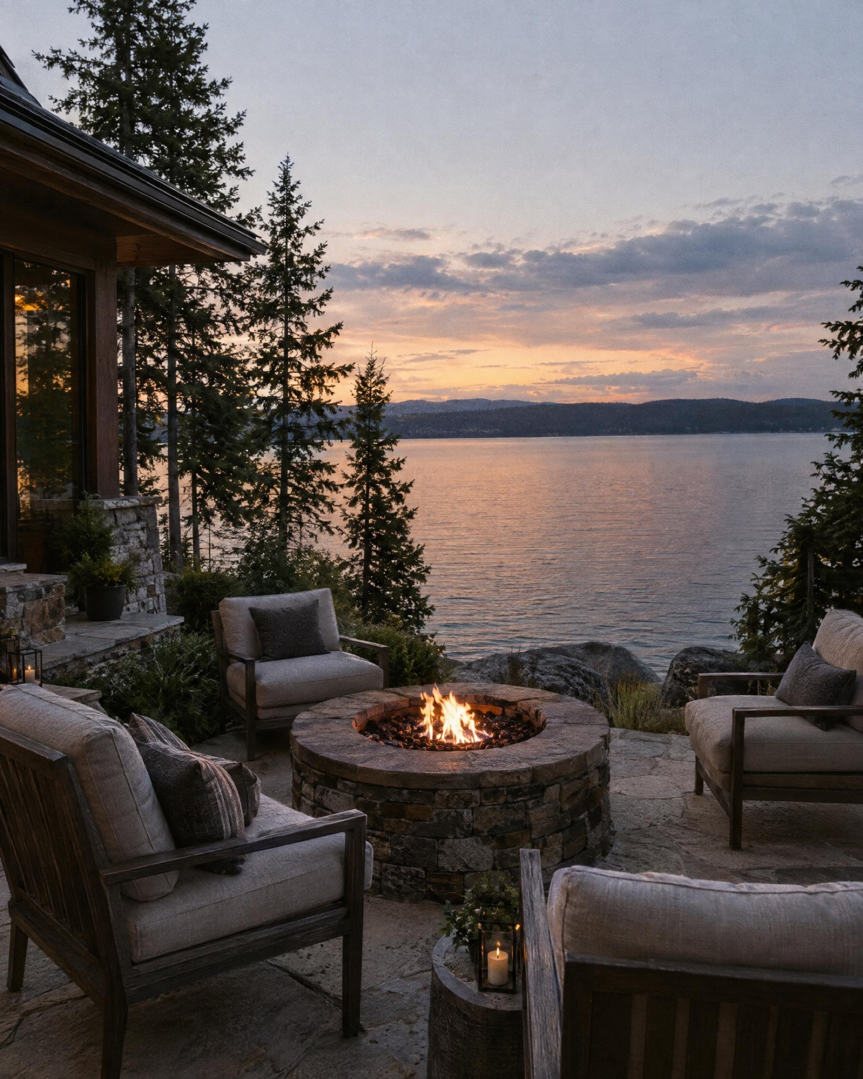 Stone fire pit burning on a lakeside patio at dusk, with evergreens and calm water beyond