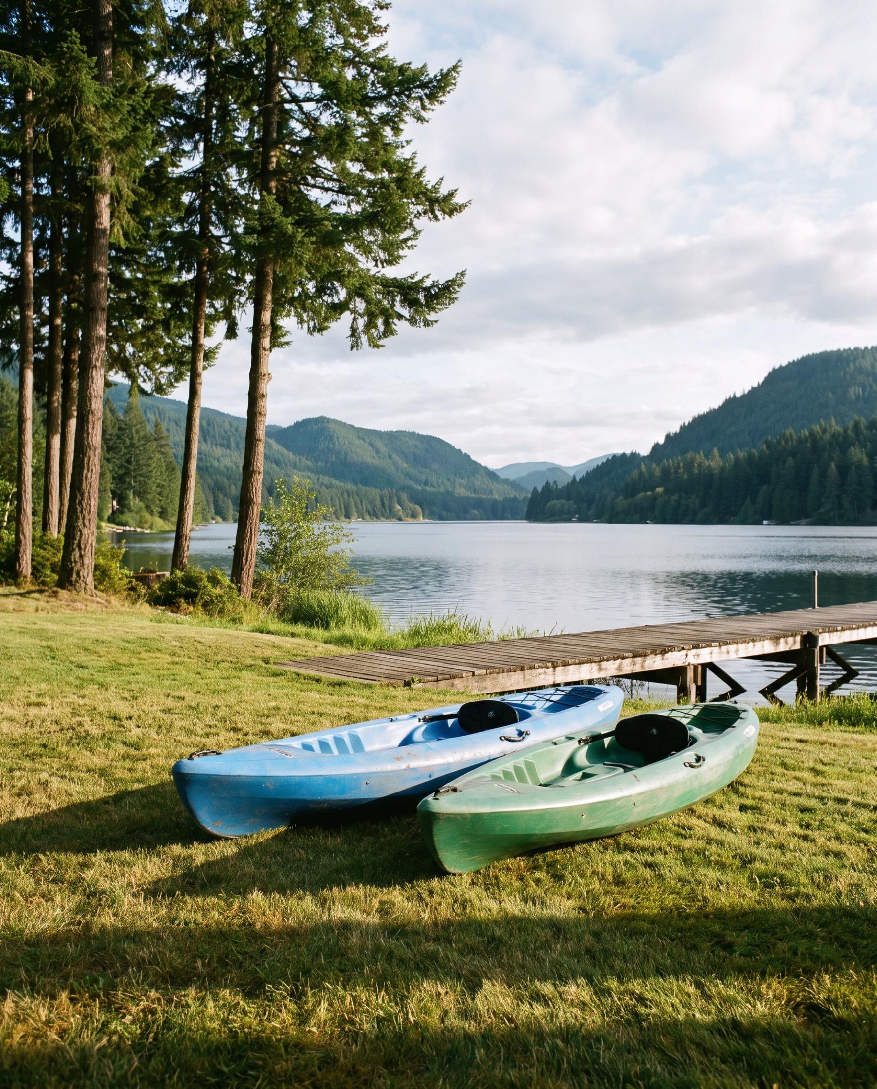 Blue and green kayaks resting on a mowed lawn beside a wooden dock in summer light