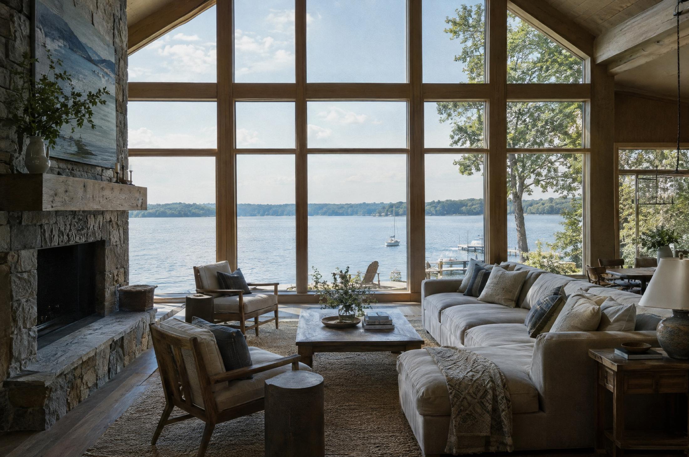 Great room with a floor-to-ceiling wall of wood-framed windows facing a lake with a moored sailboat and private docks, a stone fireplace, and a linen sectional sofa