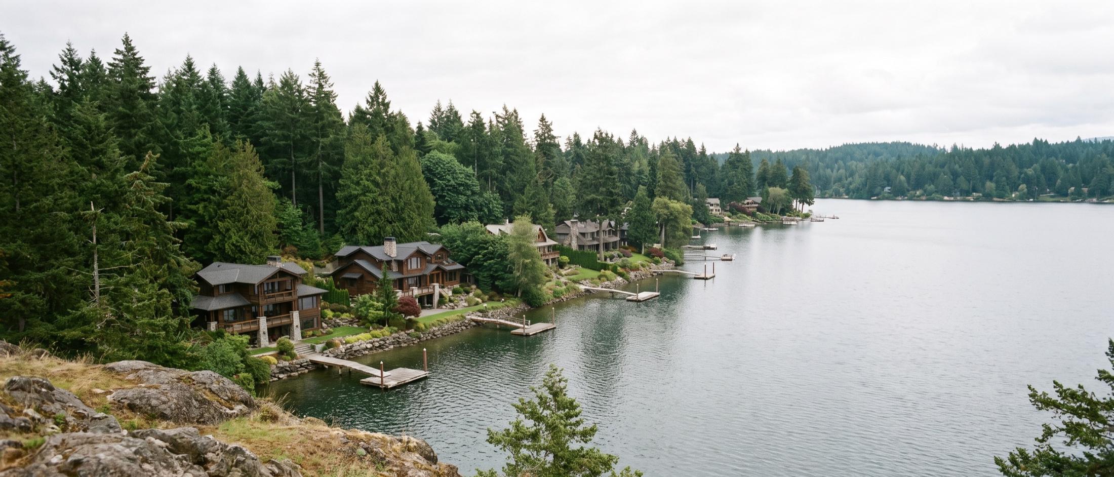 Open grey water and a low forested far shore under an overcast sky